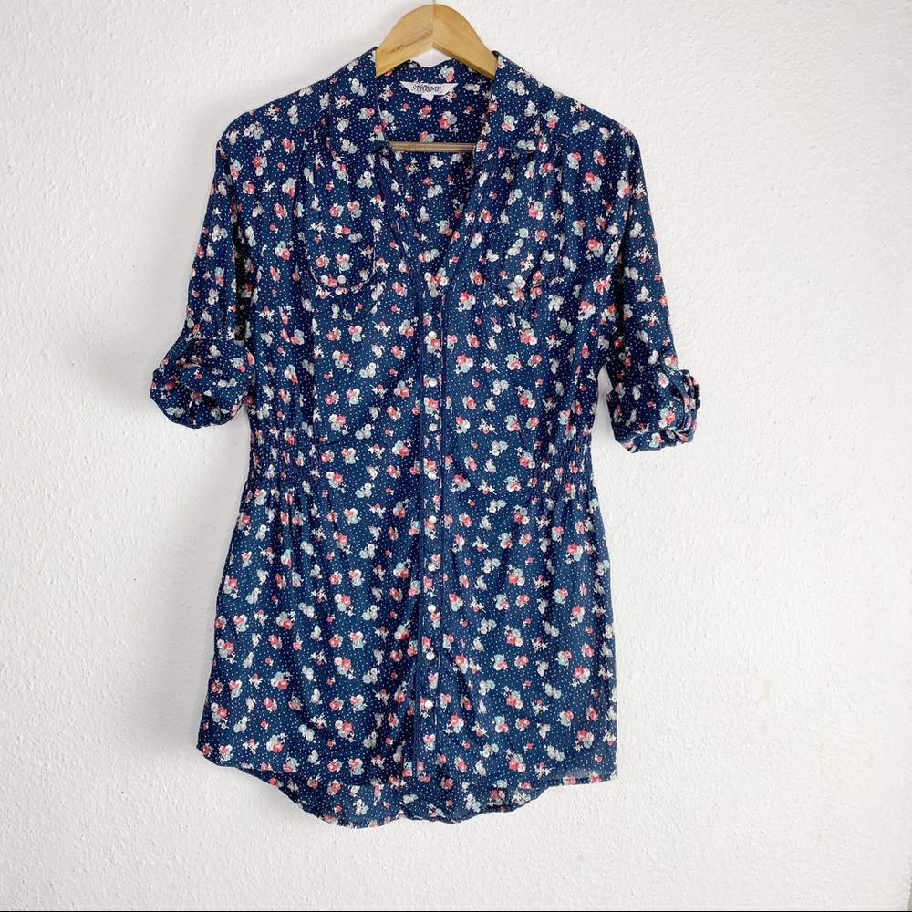 TRAMP Navy Polka Dot & Floral Tunic w/Pearl Snaps